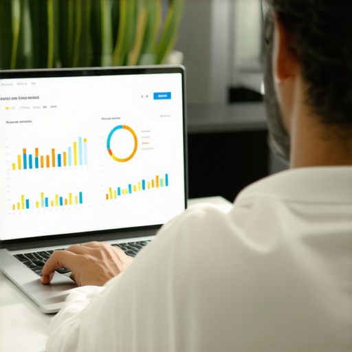 Advanced Local SEO Analytics for GMB Optimization A digital marketer studying local SEO metrics on a laptop with GMB dashboard and colorful charts