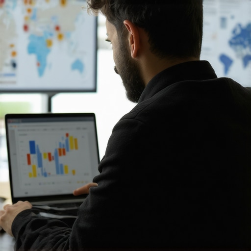 Advanced Local SEO Analytics Person analyzing local SEO data with maps and graphs.