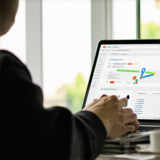 Optimizing Google My Business Profile for Local SEO Success Person working on Google My Business profile on laptop with local SEO tools.