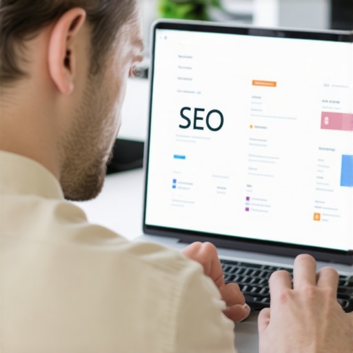 Business owner analyzing local SEO data on a laptop for Google Maps optimization.