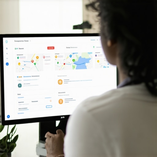 Managing Local SEO Tools for Google Maps Success Person analyzing local SEO data on a computer with Google Maps dashboards.