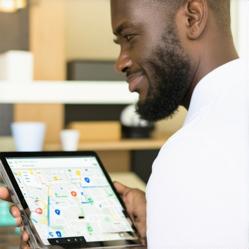 Business owner reviewing Google Maps analytics on a tablet in storefront.