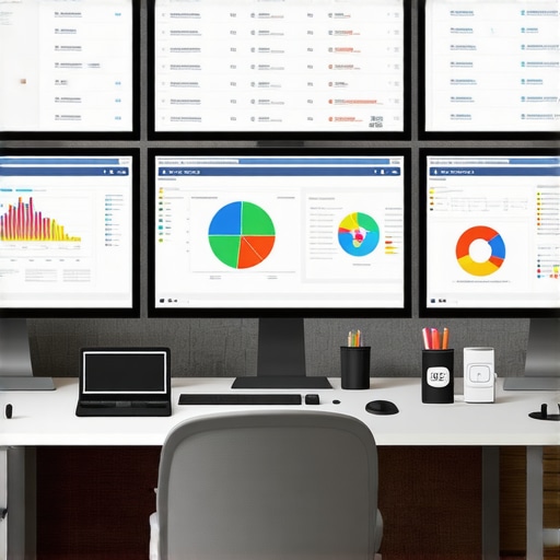 Workspace with monitors displaying local SEO analytics and management tools