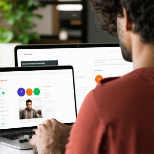 Business owner updating Google My Business profile on laptop with analytics.