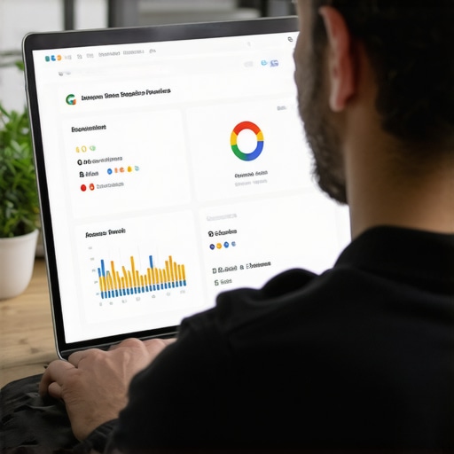 Business owner updating Google My Business profile on laptop showing review and engagement metrics.