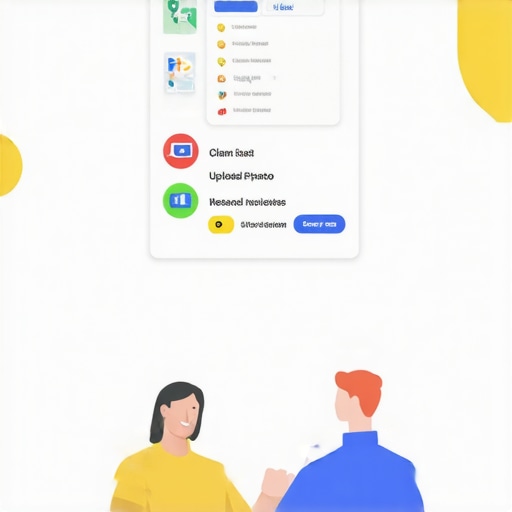 Business owner updating Google My Business profile with photos and review management tools.