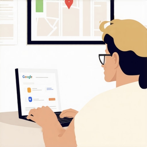 Business owner updating and optimizing Google My Business profile on a laptop with maps and analytics.