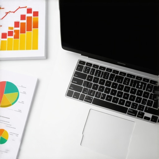 Laptop with analytics charts and SEO tools on screen.