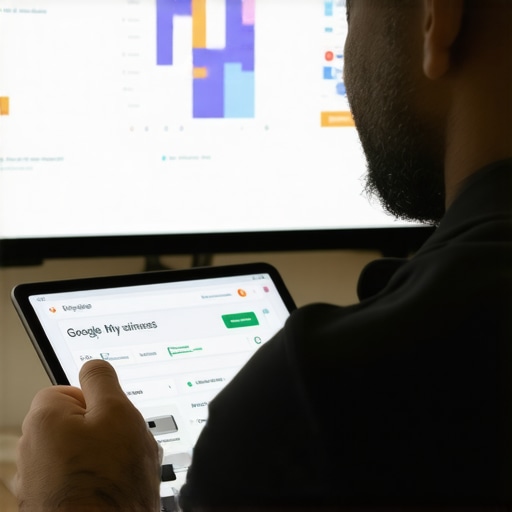 Business owner optimizing Google My Business profile on tablet with analytics