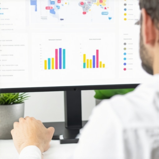 A person working on local SEO optimization tools on a laptop showing charts and maps.