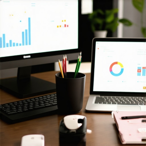 A workspace featuring software dashboards for local SEO and Google My Business management.