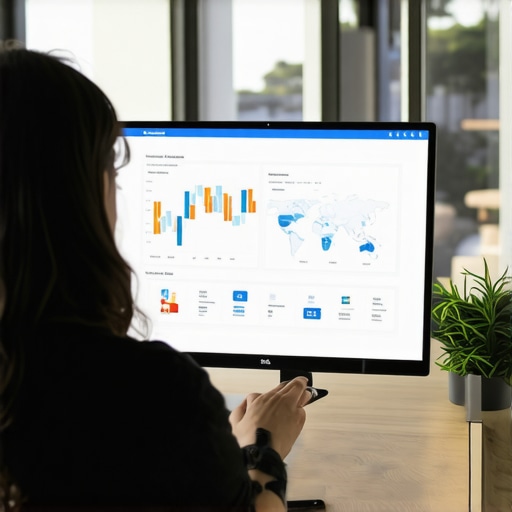 Person analyzing local SEO metrics showcasing charts and maps on a digital dashboard.