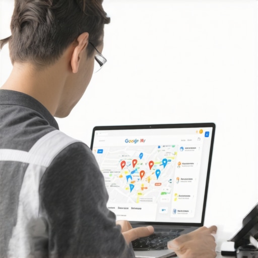 Business owner updating Google My Business profile on a laptop showing maps and reviews.