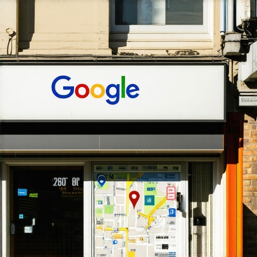 A well-optimized business storefront with a prominent Google Maps pin in an urban setting.