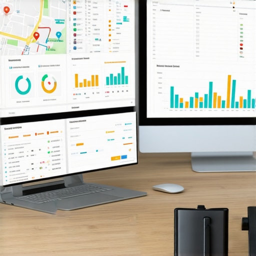 A workspace with screens displaying Google Maps analytics and ranking graphs.
