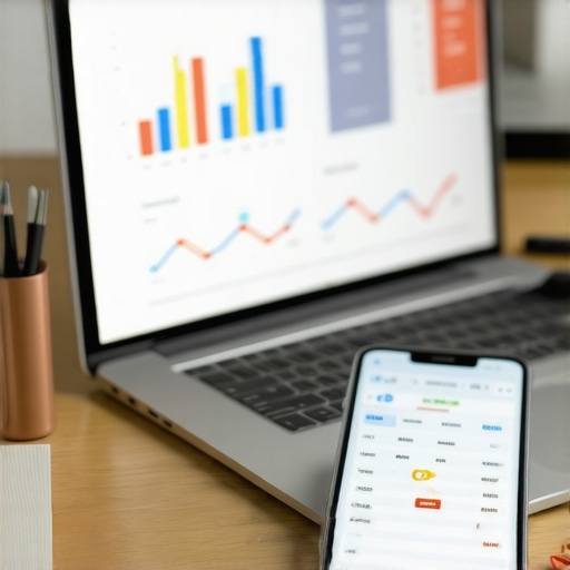 A clean workspace featuring a laptop with SEO analytics, smartphone, and SEO tools for local business management.