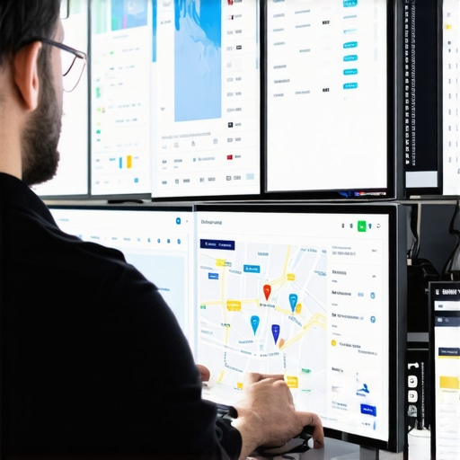 Person analyzing maps and citation data on multiple monitors for local business SEO