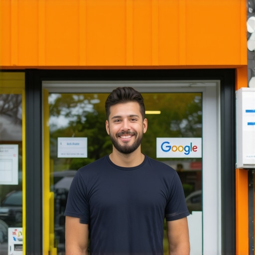 Business owner editing Google My Business listing on a computer, storefront background
