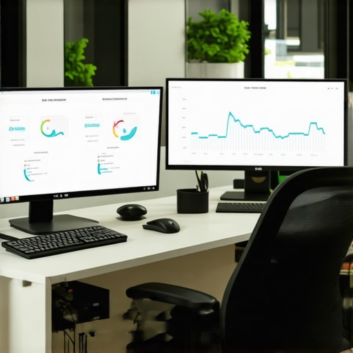 A modern office setup with screens showing local SEO analytics and citation management software.