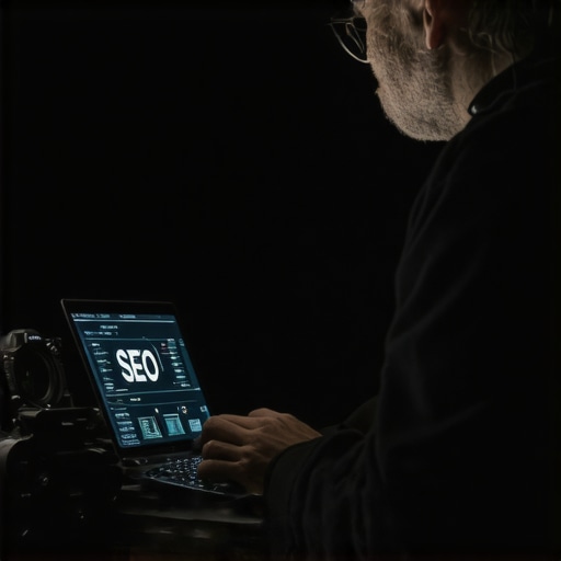 Business owner working on local SEO optimization with tools and analytics on a laptop.