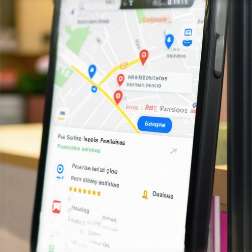 Smartphone screen showing a vibrant Google Maps business profile with reviews and images.
