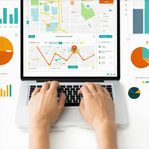 Person analyzing local SEO metrics on a laptop with maps and charts