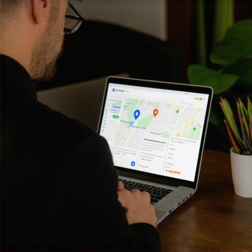Business owner working on Google My Business profile on laptop with maps and SEO graphics.