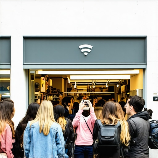 Customers connecting to Wi-Fi at a storefront, taking photos, and leaving reviews, representing real-world signals for local SEO.