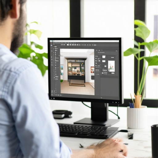 Business owner arranging and editing professional photos of storefront and services for better local search visibility.