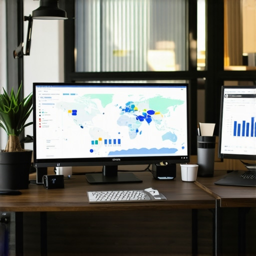 A person analyzing local SEO data on multiple screens with maps and charts.